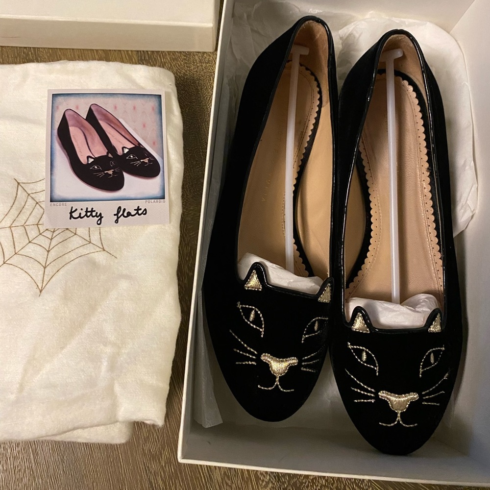 Charlotte Olympia Kitty Flats Size 38 Black Velvet